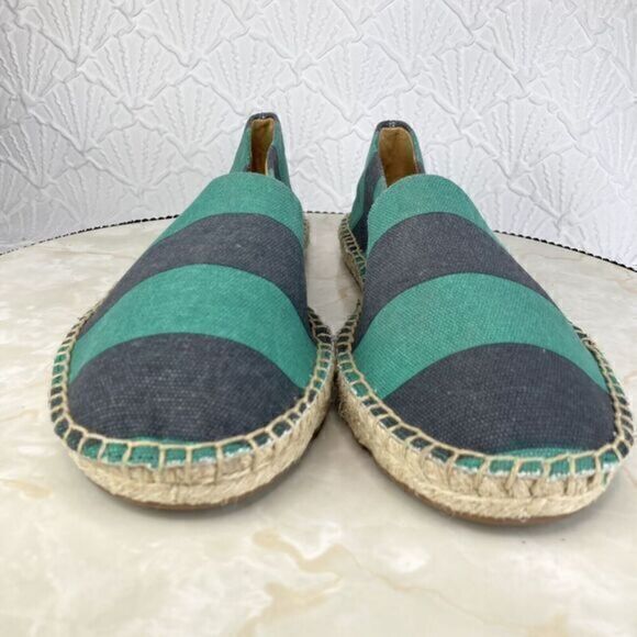 J. Crew Flats Women 8 Navy Green Kely Stripe Canvas Slip On Nautical Espadrilles - Picture 3 of 14